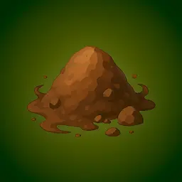 A digital illustration of a brown, lumpy pile of mud or dirt with small rocks scattered around it, set against a green gradient background.