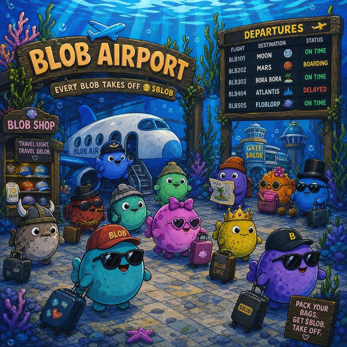 A whimsical underwater "Blob Airport" scene features colorful blob characters with luggage gathered near a "Blob Air" plane, alongside a departures board listing flights like "BLB101 MOON (ON TIME)," "BLB202 MARS (BOARDING)," "BLB303 BORA BORA," "BLB404 ATLANTIS (DELAYED)," and "BLB505 FLOBLORP," with signage reading "EVERY BLOB TAKES OFF $BLOB" and "PACK YOUR BAGS, GET $BLOB, TAKE OFF," visually reinforcing the post's playful theme of $BLOB token holders enjoying VIP travel perks to far-flung destinations.
