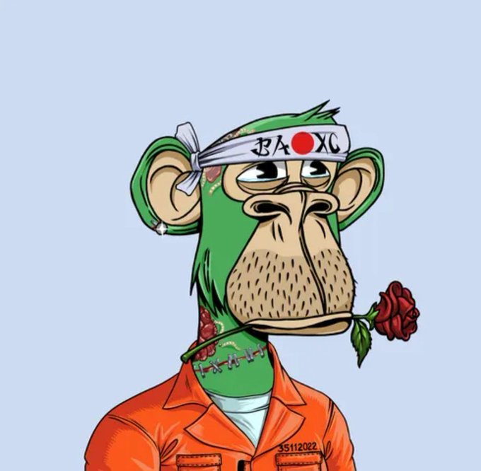A cartoon NFT-style illustration of a green Bored Ape wearing a Japanese rising sun headband reading 'BA○XC,' smoking a rose, and wearing an orange prison jumpsuit with the number 35112022.