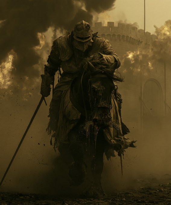 A heavily armored knight rides a skeletal, decayed horse through a dusty battlefield, with a smoking castle wall looming in the background.