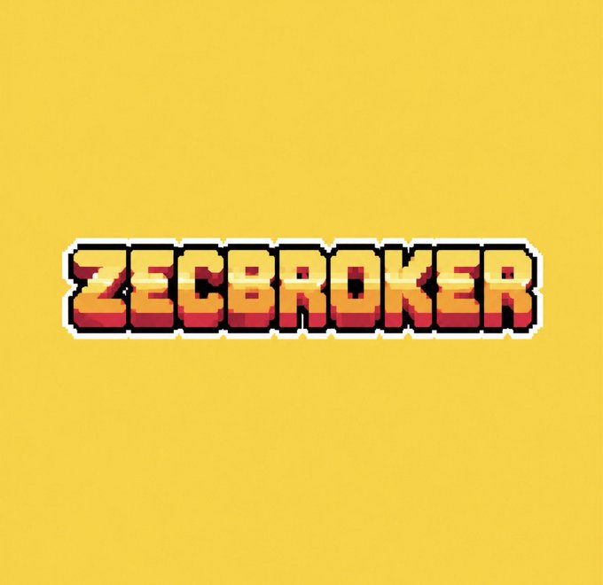 A pixel art style logo featuring the text "ZECBROKER" in retro orange and yellow gradient lettering with a white outline, centered on a solid yellow background. The branding reflects the upcoming Zcash NFT marketplace launch referenced in the accompanying post.