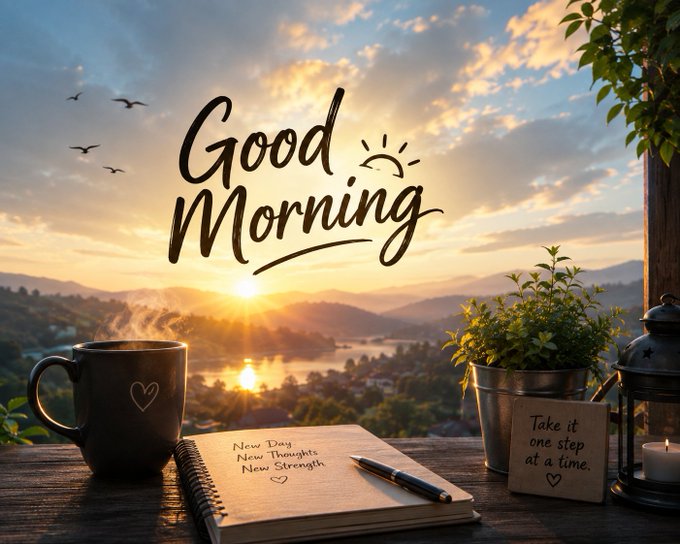 A motivational 'Good Morning' graphic featuring a coffee mug, a notebook with 'New Day, New Thoughts, New Strength' written on it, a lantern, and a scenic sunrise over water.