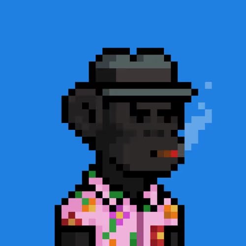A pixel art illustration of a person with dark skin and short black hair smoking a cigarette, wearing a colorful patterned shirt against a solid blue background.