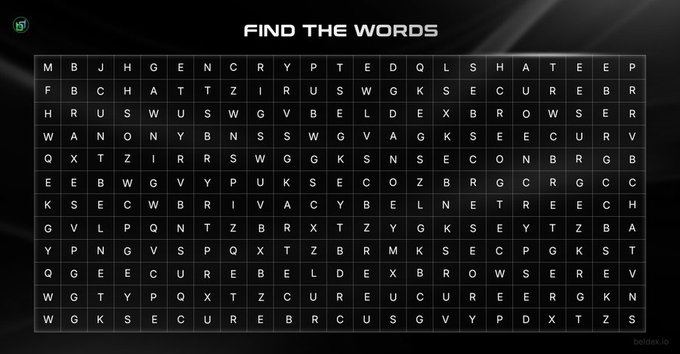 A word search puzzle titled 'FIND THE WORDS' on a dark grid background, with hidden terms like 'SECURE BROWSER', 'ENCRYPTED', 'SECURE WALLET', 'PRIVACY', and 'SECURE' visible among random letters, credited to 'bentek.io'.