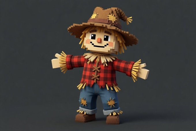 The image shows a 3D rendering of a scarecrow standing against a black background. The scarecrow has a red plaid shirt, brown pants, and a straw hat with yellow flowers. It appears to be smiling at the camera. The post that accompanies this image is titled "The journey is just getting started, and we're excited to build it with our community. We'r not just adding new features, we're building a living economy where Farming, Fishing, Trading, Pets, and future professions all connect together".