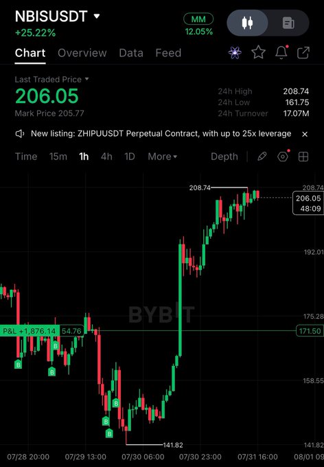 The image shows a Bybit trading chart for NBISUSDT (Nebius) perpetual contract displaying a +25.22% gain with the last traded price at 206.05, visually confirming the post's claim of a sharp rally in NBIS as capital rotates back into AI infrastructure stocks.