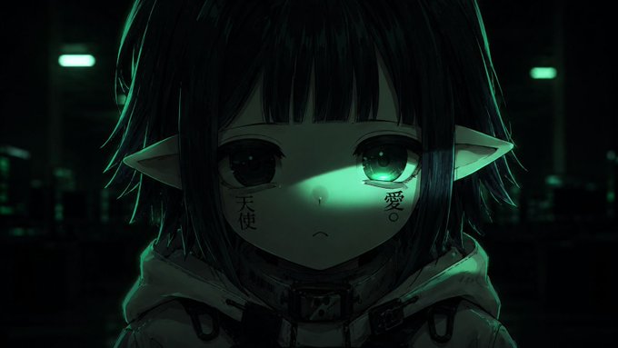 A dark anime-style portrait of a girl with elf ears, dark hair, and glowing green eyes, with Chinese characters '天使' (angel) and '愛' (love) written below her eyes in a dimly lit setting.