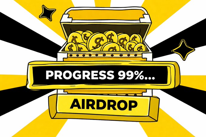 A cartoon treasure chest overflowing with gold coins sits against a yellow and black starburst background, displaying banners that read "PROGRESS 99%..." and "AIRDROP," symbolizing the near-completion of the $MONA token airdrop promotion being advertised.