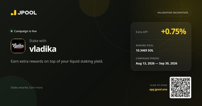 A promotional graphic for JPool validator incentives, displaying 'Stake with vladika' to earn an 'Extra APY +0.75%' with a reward pool of 10.3469 SOL, running from Aug 13, 2026 to Sep 30, 2026.