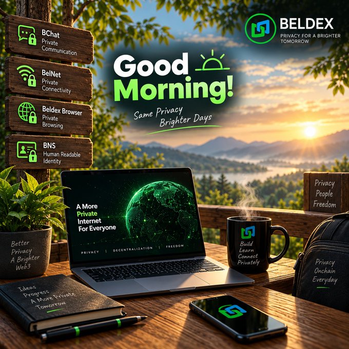 A promotional graphic for Beldex displays a 'Good Morning!' greeting alongside the tagline 'Same Privacy, Brighter Days' and lists products including BChat, BelNet, Beldex Browser, and BNS.