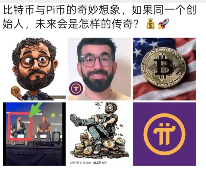 A collage speculating that Bitcoin and Pi coin share the same founder, featuring a cartoon avatar of a bearded man, a real photo of a similar-looking man with a Pi coin logo, a physical Bitcoin against an American flag, a CoinDesk conference photo, and the purple Pi logo, with Chinese text asking about the 'legendary' future implications.