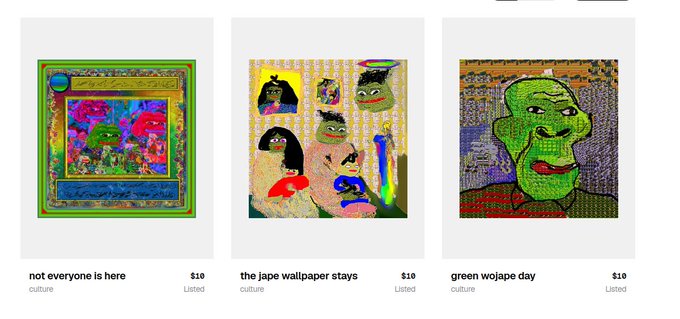 A digital storefront displays three pieces of artwork titled 'not everyone is here', 'the jape wallpaper stays', and 'green wojape day', each listed at $10 and categorized under 'culture'.