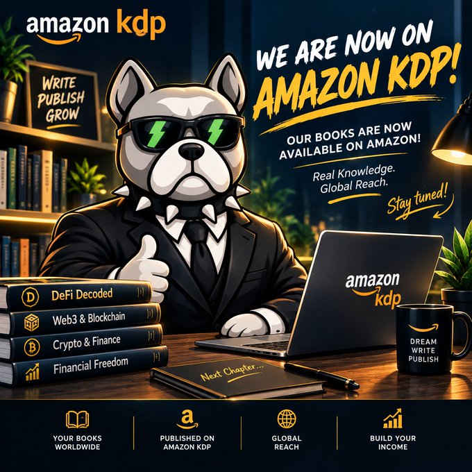 A confident, sunglasses-wearing pitbull mascot in a suit sits at a desk with a laptop displaying "Amazon KDP," surrounded by books titled "DeFi Decoded," "Web3 & Blockchain," "Crypto & Finance," and "Financial Freedom," with promotional text announcing "WE ARE NOW ON AMAZON KDP!" and "Real Knowledge. Global Reach." The image visually reinforces the post's announcement of the Pitbull Token community launching their publishing venture on Amazon KDP to share Web3 and finance content worldwide.
