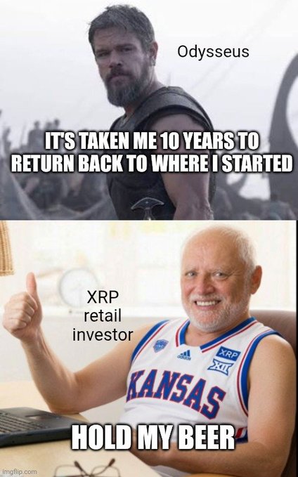 A meme contrasting "Odysseus" (a bearded warrior with the caption "It's taken me 10 years to return back to where I started") with a smiling older "XRP retail investor" in a Kansas jersey giving a thumbs up and saying "Hold my beer."