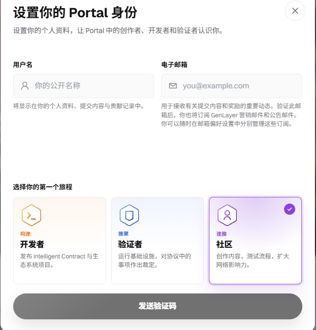 A digital interface in Chinese titled "设置你的 Portal 身份" (Set your Portal identity) shows options for username, email, and selecting a journey: 开发者 (Developer), 验证者 (Verifier), or 社区 (Community).