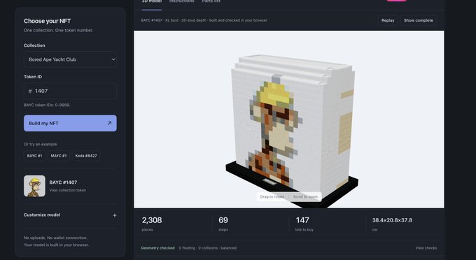 A screenshot of an NFT building interface showing a 3D pixel art model of 'Bored Ape Yacht Club' character #1407, with the collection selected and 'Build my NFT' button visible.