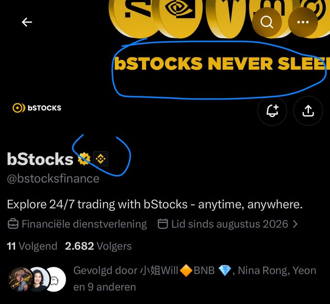 The image shows the X (Twitter) profile of **@bstocksfinance (bStocks)**, with the header text "bSTOCKS NEVER SLEEP" circled in blue, highlighting the project's always-on 24/7 trading tagline. The profile, which has 2,682 followers and is followed by Binance-related accounts like "小姐姐Will🔶BNB", ties into the post's claim that bStocks is merging TradeFi and MemeFi around the clock with Binance's support.