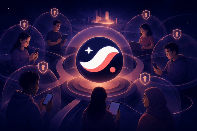 A digital illustration showing diverse people on their smartphones connected through glowing shield bubbles to a central glowing orb, representing digital security or connectivity.