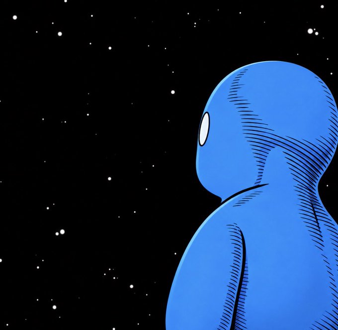 A comic-style illustration of a blue humanoid figure in profile looking out at a black starry night sky.