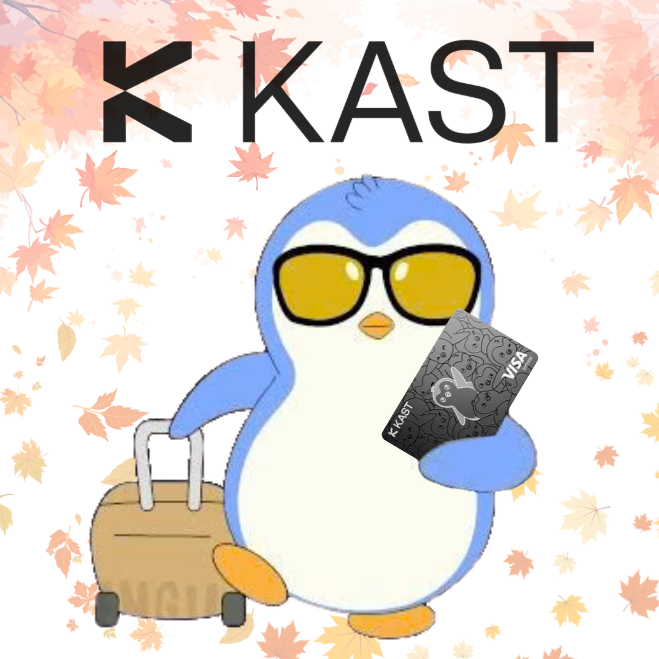 The image features a cartoon penguin wearing sunglasses and holding a suitcase with a credit card inside of it, standing against a background of autumn leaves. The text "KAST" can be seen at the top of the image, while the phrase "Focus on what is in the image and how it relates to the post" is written below the penguin.