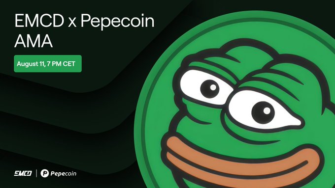 Promotional graphic for an EMCD x Pepecoin AMA scheduled for August 11 at 7 PM CET, featuring the iconic green Pepe the Frog meme character, with branding from EMCD and Pepecoin displayed at the bottom.
