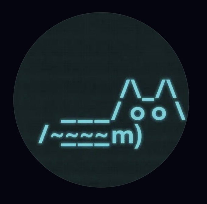 A minimalist neon-style illustration of a cat resting, with its body formed from text emoticons like "/~~~~m)" and its head drawn with simple lines for ears, eyes, and nose.