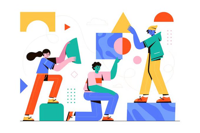 A colorful flat-style illustration of three people collaborating with geometric shapes, including a yellow triangle and a multicolored square.