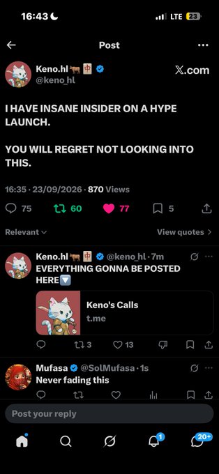 An X.com (Twitter) post from user @keno_hl stating 'I HAVE INSANE INSIDER ON A HYPE LAUNCH. YOU WILL REGRET NOT LOOKING INTO THIS,' with a linked Telegram channel 'Keno's Calls.'