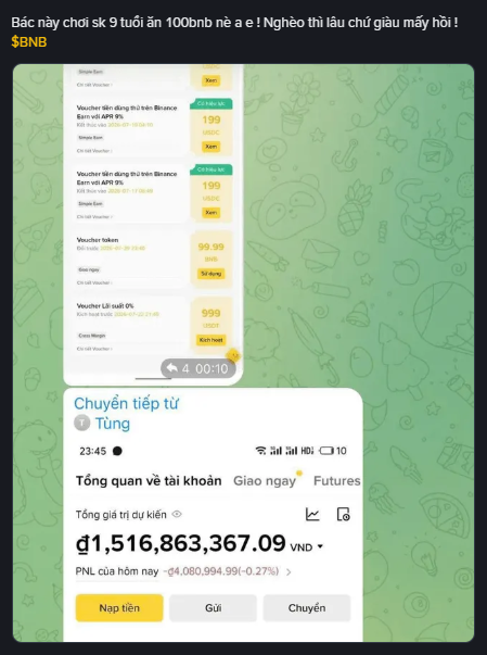 The image shows a Binance voucher purchase page with plans priced at 199, 99.99, and 999 USDT, alongside a Vietnamese-language account overview for "Tùng" displaying a balance of ₫1,516,863,367.09 VND. This aligns with the post's claim of a Vietnamese newcomer winning a major BNB event, showing both the voucher offers and the resulting fiat balance in their Binance account after cashing out the reward.