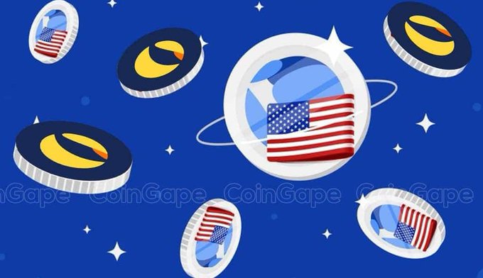 An illustration with a blue background shows floating coins featuring the American flag and yellow crescent logos, watermarked with 'CoinGape'.