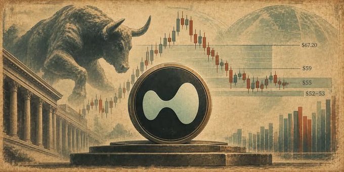 A vintage-style illustration features a charging bull, Greek columns, and a candlestick chart with price levels ($67.20, $59, $55, $52-53), all behind a central coin bearing the XRP (Ripple) logo.