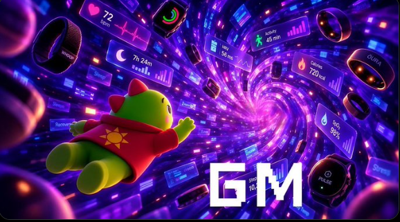 A stylized green mascot in a red hoodie floats through a vibrant purple tunnel filled with floating smartwatch displays showing health metrics like heart rate and calories, with the text 'GM' overlaid at the bottom.