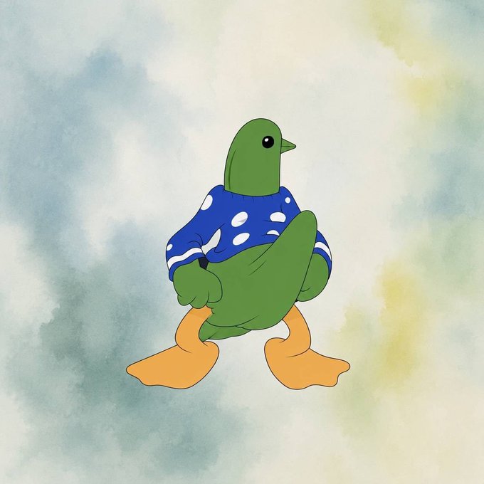 A whimsical illustration of a green cartoon bird or duck wearing a blue polka-dot sweater and orange webbed feet, set against a cloudy watercolor background.