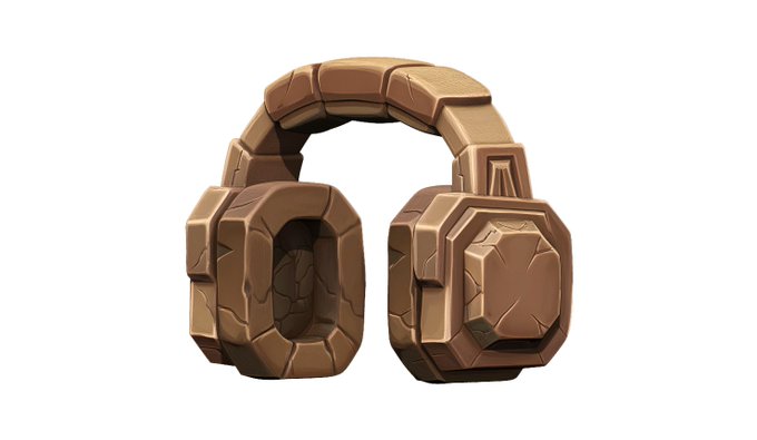 A 3D rendered illustration of tan/brown chunky over-ear headphones with a blocky, stylized stone-like design on a white background.