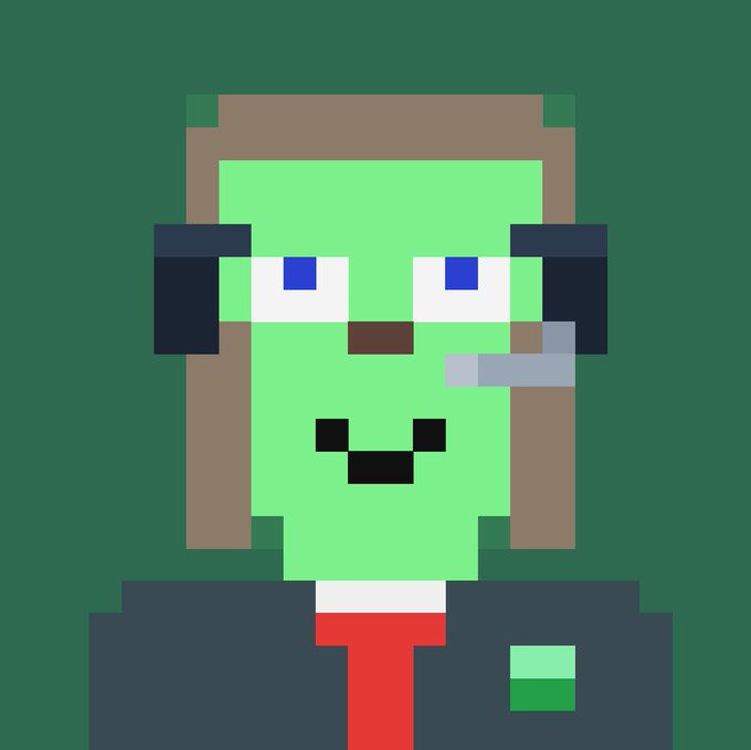 A pixel art portrait of a character with a green face, blue eyes, a cigarette in their mouth, brown hair, and wearing a dark suit with a red tie on a dark green background.