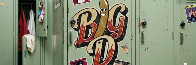 A photo of green school lockers with one prominently decorated with 'BIG D' graffiti featuring a cartoon banana character, along with small stickers including a Madonna poster and other decals.