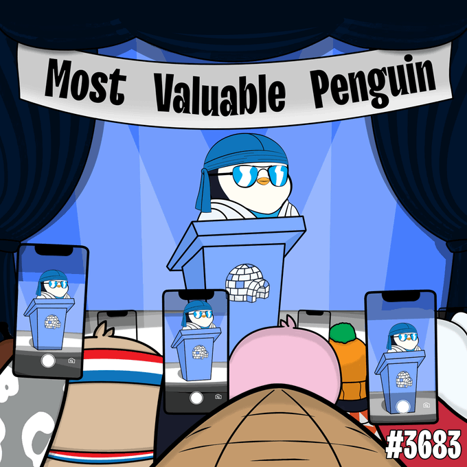 A cartoon illustration of a penguin wearing sunglasses and a blue hat standing at a podium with a 'Most Valuable Penguin' banner, while other penguins take photos with smartphones.