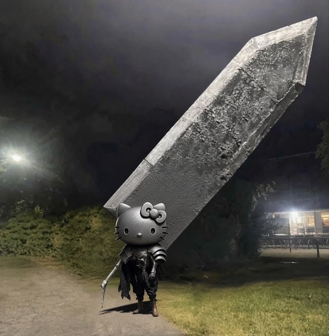 A Hello Kitty character wearing dark medieval armor and wielding a massive stone sword that towers above her, standing on a path at night.