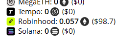 A vertical list of cryptocurrency tokens with illegible/blurred text alongside icons, showing entries like MegaETH, Femto, Robinhood, and Solana.