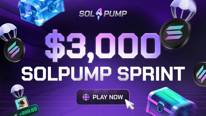 A vibrant promotional banner for the "SOLPUMP SPRINT" featuring "$3,000" in bold gradient text, with parachuting SOL tokens, treasure chests, and a "PLAY NOW" button, highlighting the live $3,000 USDC prize pool contest where the top 10 players compete for tiered rewards including $1,500 USDC for first place.