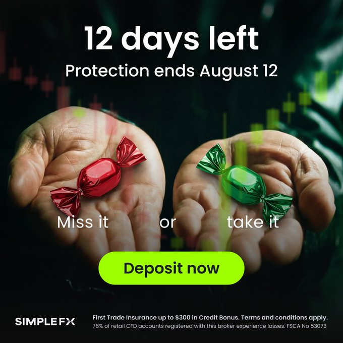The image is a promotional graphic for SimpleFX featuring two hands holding a red candy on the left and a green candy on the right, with text reading "12 days left" and "Protection ends August 12." The choice metaphor "Miss it or take it" appears between the hands, accompanied by a "Deposit now" button and the SimpleFX logo, advertising their First Trade Insurance offering up to $300 in credit bonus.