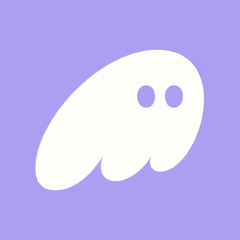 A minimalist illustration of a white ghost-like blob shape with two oval eyes on a solid light purple background.