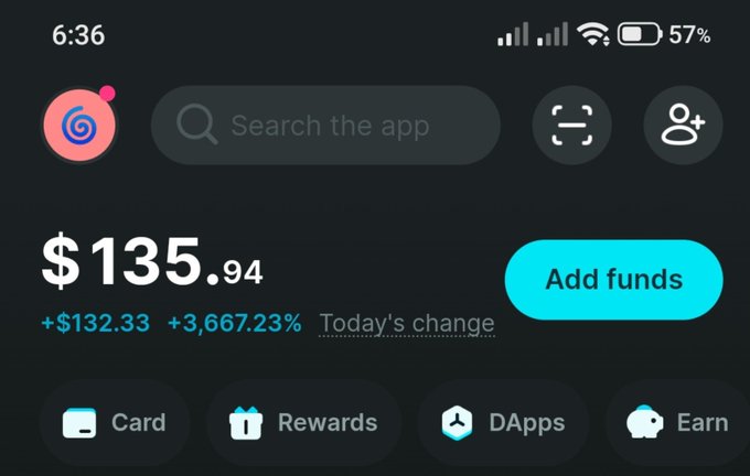 A crypto wallet app showing a balance of $135.94 with a 24-hour change of +$132.33 (+3,667.23%), featuring navigation tabs for Card, Rewards, DApps, and Earn.