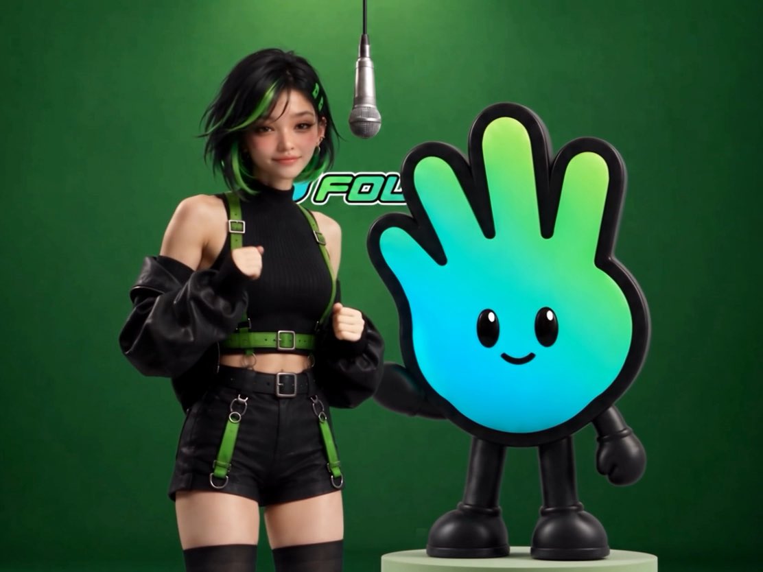 A young woman with green-streaked hair poses alongside a cute blue-and-green hand-shaped mascot character against a green backdrop, with a microphone hanging above. The "FOUR" text visible on the wall connects to the tagged @fourdotmemezh, suggesting a promotional photo for the meme project.