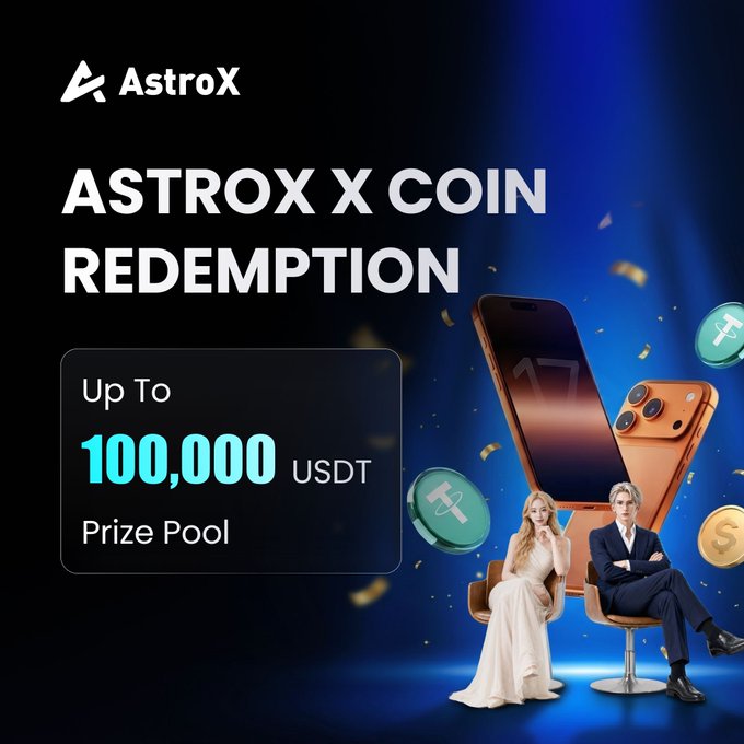 A promotional advertisement for 'AstroX' coin redemption featuring 'Up To 100,000 USDT Prize Pool' with an image of an iPhone 17, two seated people, and floating cryptocurrency coins.