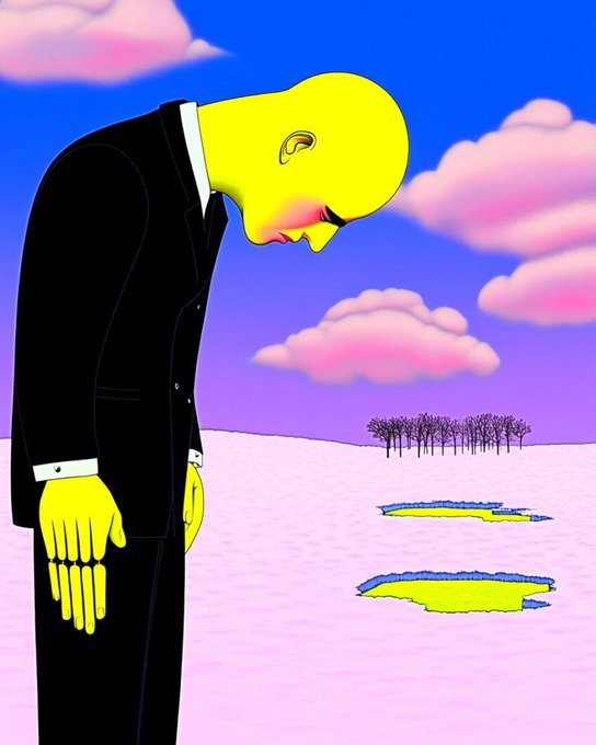 Stylized digital artwork featuring a yellow-skinned figure in a black suit bowing its head in a surreal landscape with pink clouds, a purple sky, and small pools on the ground.