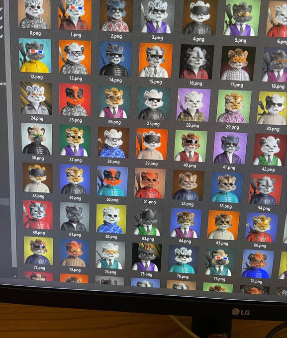 A computer monitor displaying a grid of numerous digitally generated NFT-style images of cats dressed as humans with sunglasses and 3D glasses, numbered sequentially.