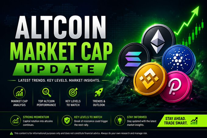 Cryptocurrency marketing graphic titled 'ALTCOIN MARKET CAP UPDATE' displaying logos of ETH, SOL, ADA, BNB, and POL with categories including Market Cap Analysis, Top Altcoin Performance, Key Levels, and Trends & Outlook.