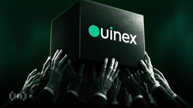 Multiple gray hands reach up from below to hold a black cube displaying the green and white 'Uinex' logo against a dark background.