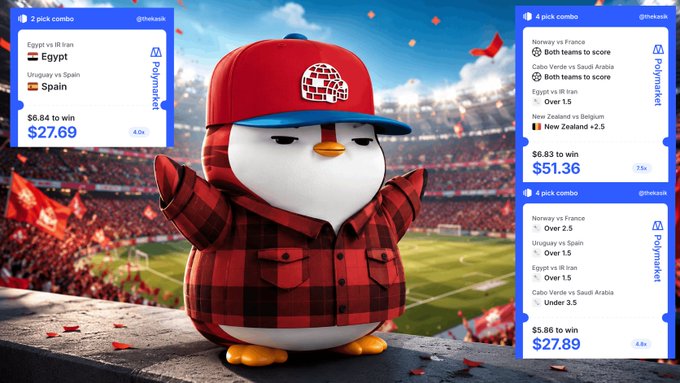 A cartoon penguin in a red plaid shirt and "WBC" cap celebrates in a stadium, flanked by Polymarket parlay slips showing combinations like "Egypt vs IR Iran + Uruguay vs Spain" at $27.89 to win and "Norway vs France + Cabo Verde vs Saudi Arabia + Egypt vs IR Iran" at $51.36 to win. The image ties to the caption by visually representing the author's World Cup enthusiasm alongside their risky Polymarket predictions for today's matchups.